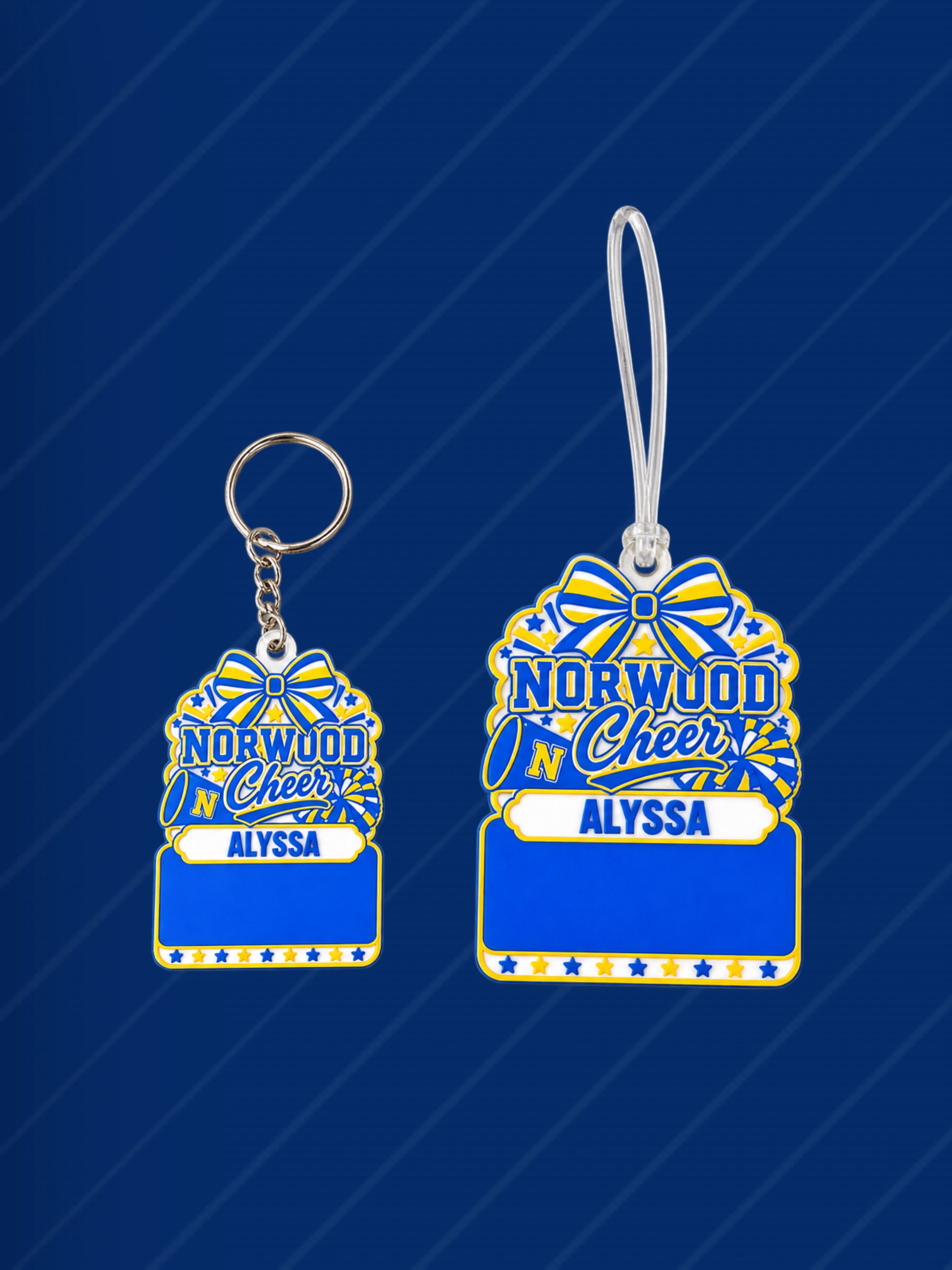 Personalized Norwood Cheer keychain and hair tie bag tag