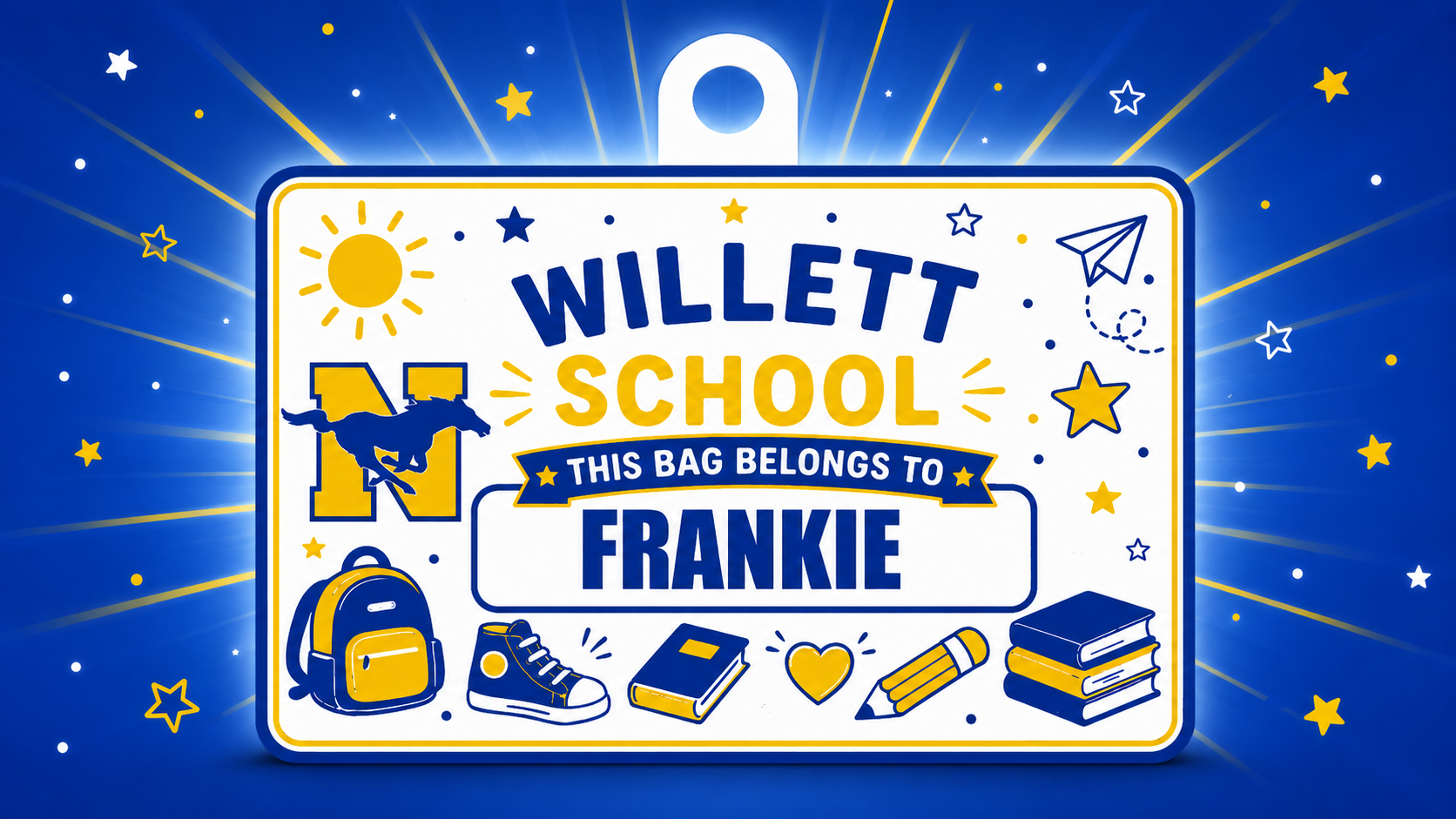 Classroom Fun Willett School design with Mustang N logo, backpack, sneaker, books, pencil, heart, stars, sun, and paper airplane