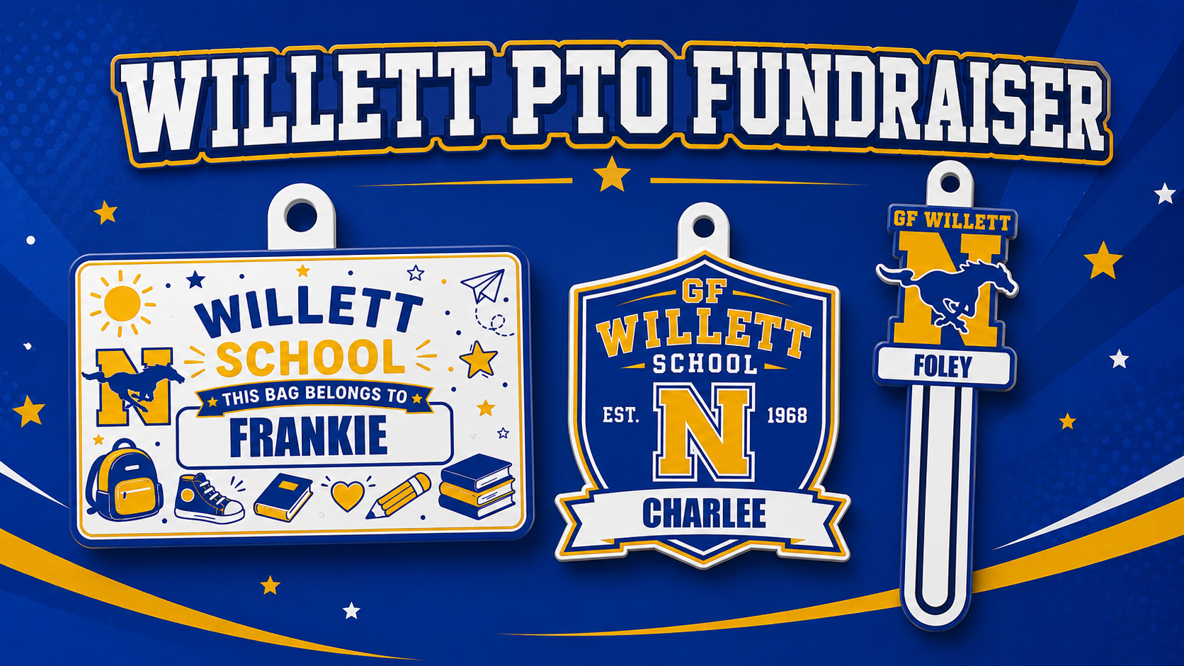 Willett PTO fundraiser featuring personalized school gear in Norwood blue, gold, and white
