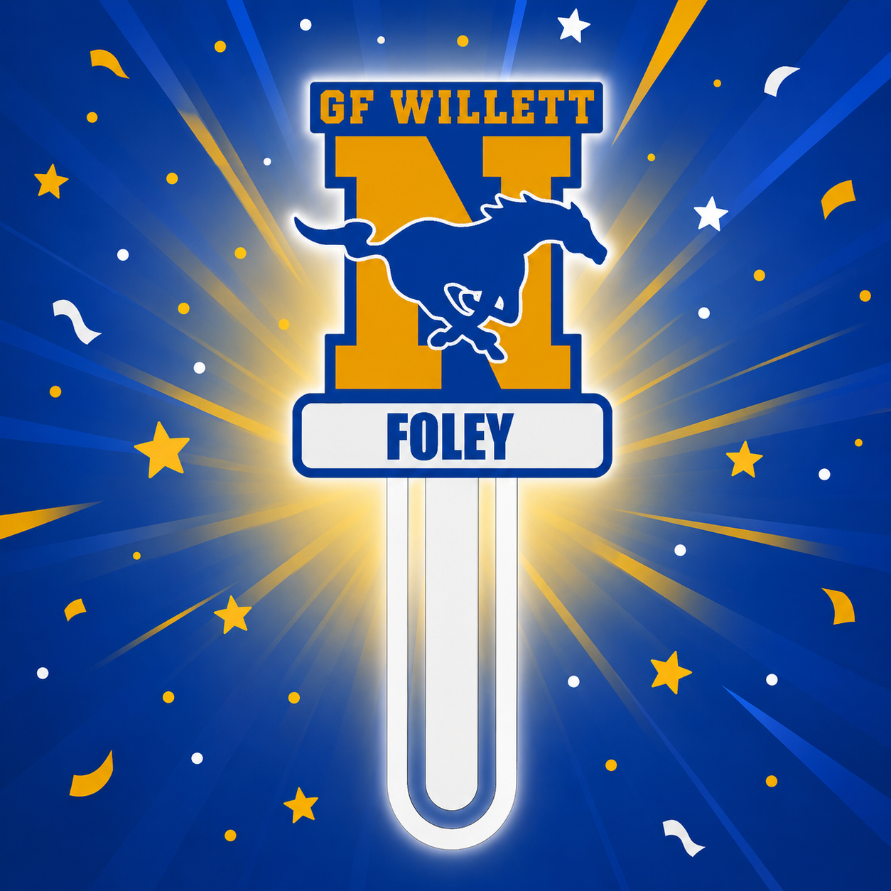 Mustang Pride vertical design with GF Willett, large yellow N, blue Mustang, and personalized name box