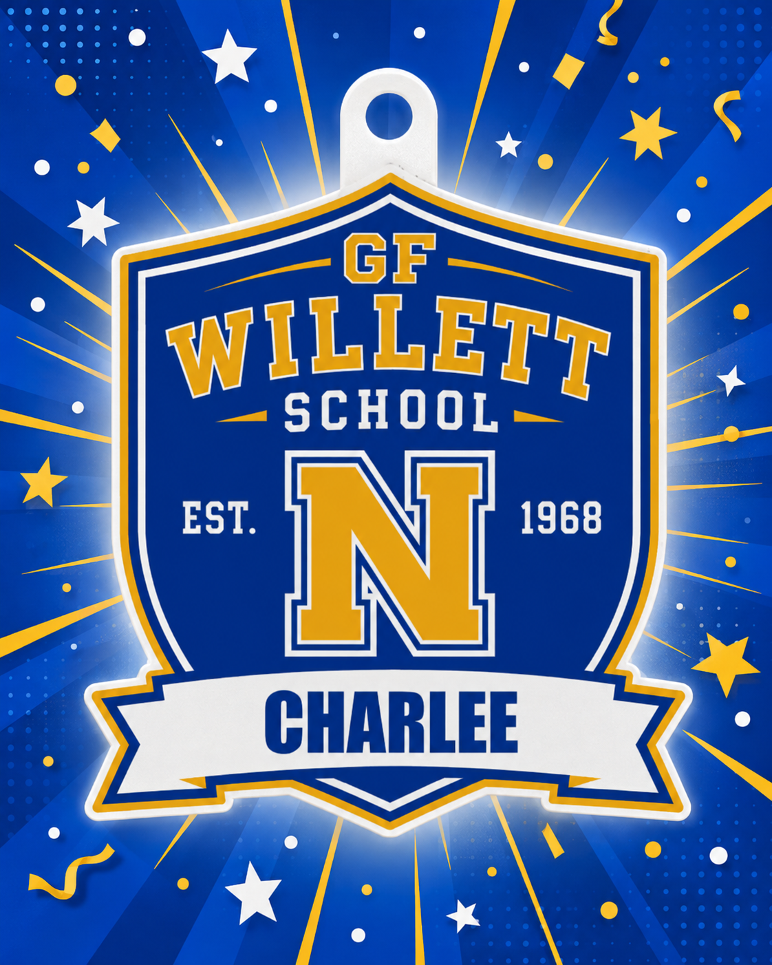 School Spirit shield design with GF Willett School, varsity-style N, established 1968, and a personalized name banner